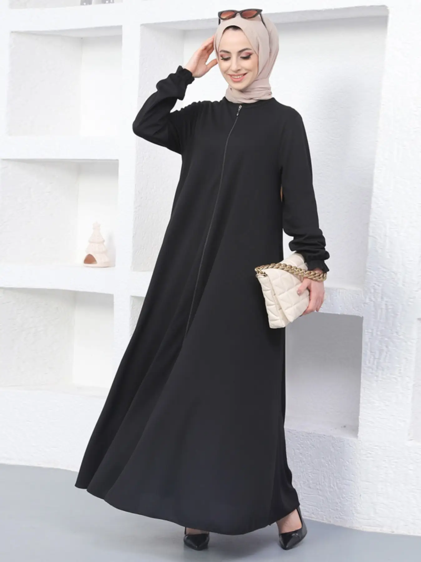 Women's Solid Flounce Sleeve Zipper Abaya Dress without Hijab, Modest Long Sleeve Round Neck Arabic Clothing, Eid Clothes for Women