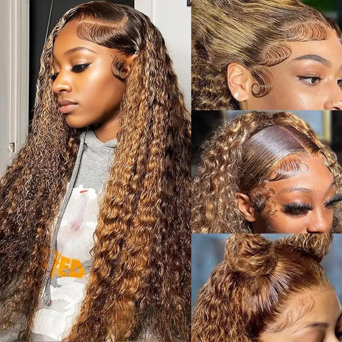 4/27 Highlight Lace Front Wigs Human Hair Pre Plucked Bleached Knots 12A 180 Density 13x6 HD Ombre Honey Blonde Deep Wave Human Hair Wigs with Baby Hair(32 Inch, Brown mix gloden color)