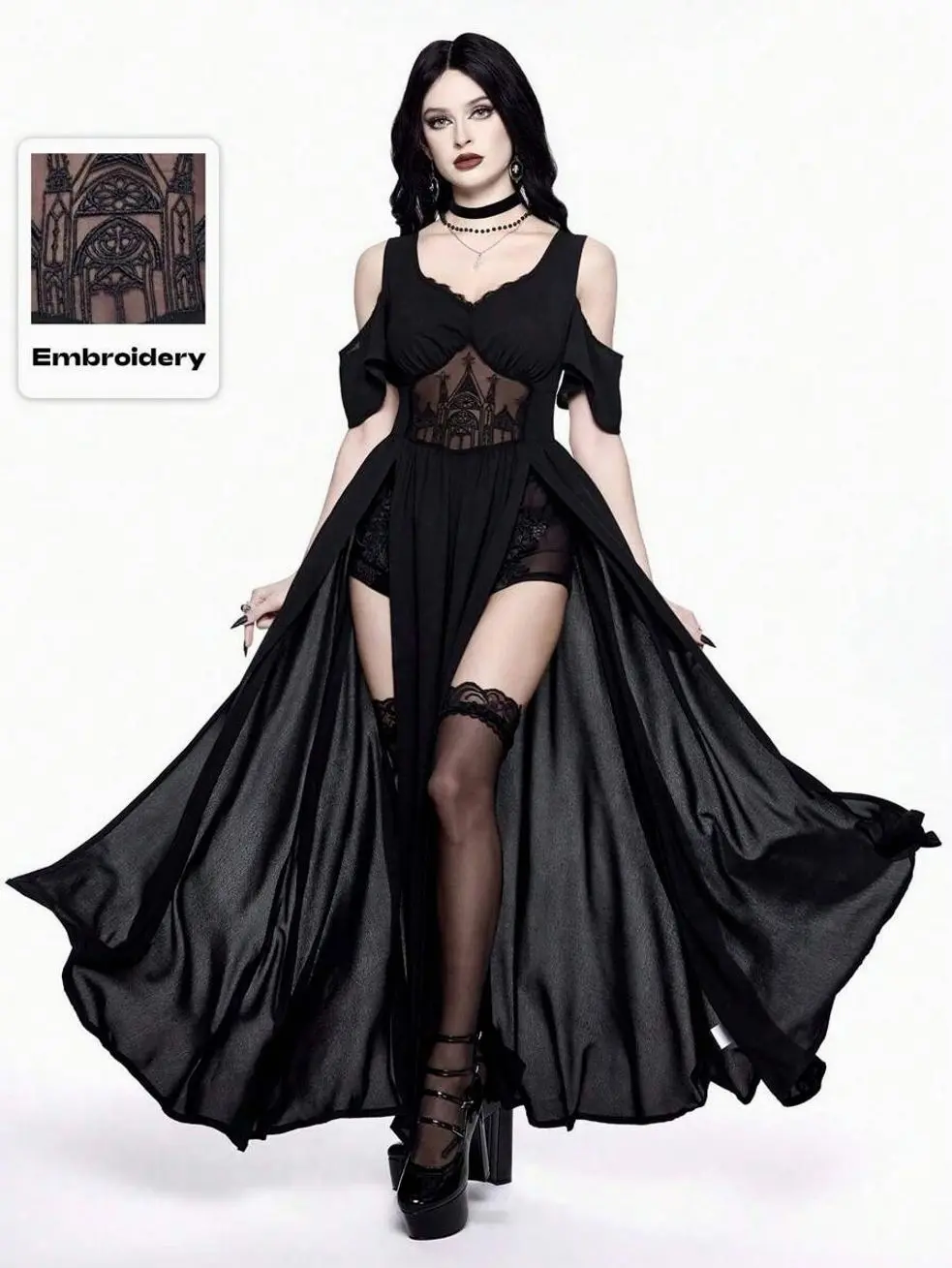 Women's Gothic Embroidered Hollow Out Deep V-Neck Off Shoulder High Slit Dress, Elegant Summer Party Gown