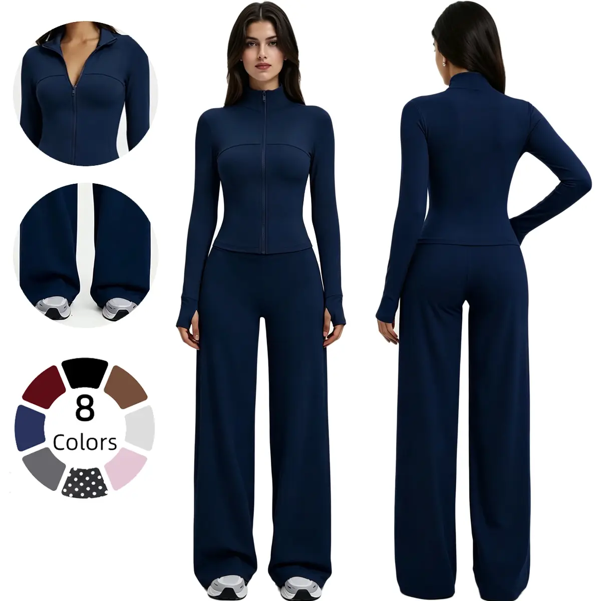 Women's 2-Piece Workout Set - Compression Long Sleeve Regular Top Zip-Up Jacket, Butt-Lifting Leggings, Wide-Leg Active Jogger Pants for Gym, Athleisure, Jogging Suit Set, Casual Activewear Set