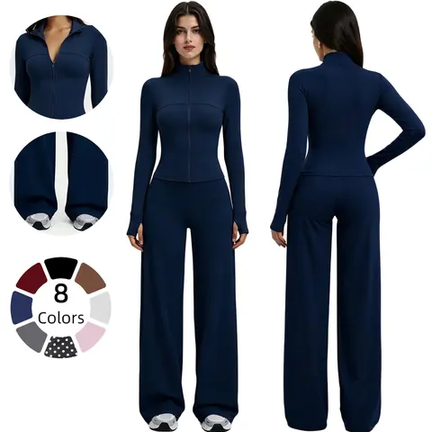 Women's 2-Piece Workout Set - Compression Long Sleeve Zip-Up Jacket, Butt-Lifting Leggings, Wide-Leg Active Jogger Pants, Gym Outfits, Exercise Clothing Set for Athleisure, Fitness Fitness Outfit Athleisure Matching Gym Set Jogging Suit Set
