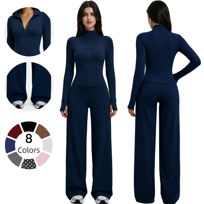 Women's 2-Piece Workout Set - Compression Long Sleeve Zip-Up Jacket, Butt-Lifting Leggings, Wide-Leg Active Jogger Pants, Gym Outfits, Exercise Clothing Set for Athleisure, Fitness Fitness Outfit Athleisure Matching Gym Set Jogging Suit Set