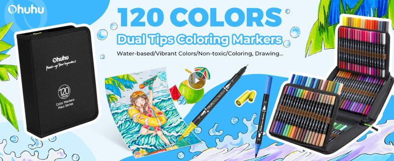 Ohuhu Markers: Brush & Fineliner Dual Tips - 120 Colors - Brush Pens Dual Brush Fine Tip Drawing Pens Water-Based Coloring Markers for Calligraphy Bullet Journal with Carrying Case for Adult Coloring Books - Black - Maui Series of Ohuhuart