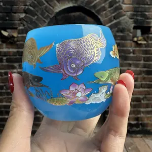 Teacup Artisanal Porcelain Celadon Blue Sky With Multicolored Fish And Lotus Pattern
