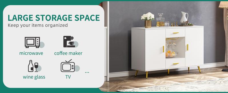 DWVO Sideboard Buffet, Buffet Cabinet Storage Credenza w/Adjustable Shelf, Wine Glass Holder, Drawers, Modern White & Gold Dresser 300 lbs Capacity for Living Room, Kitchen, Dining Room, White