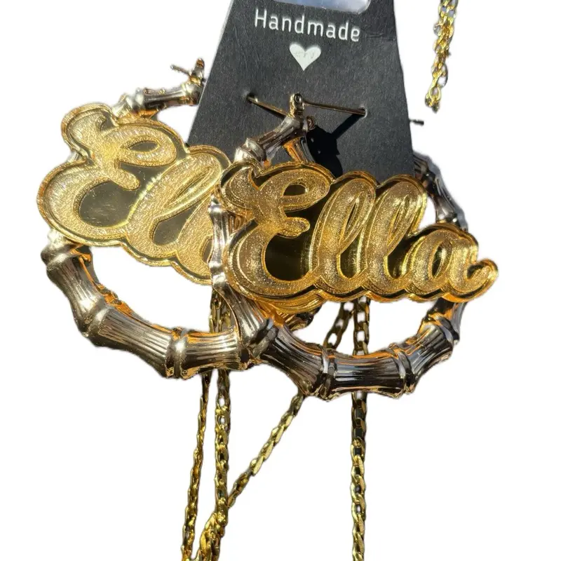 Handmade Pretty in Gold Custom Nameplate Bamboo Earrings Personalized Elvella Design with Gold Accents
