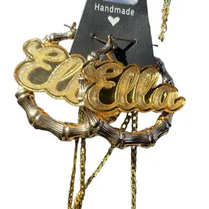 Handmade Pretty in Gold Custom Nameplate Bamboo Earrings Personalized Elvella Design with Gold Accents
