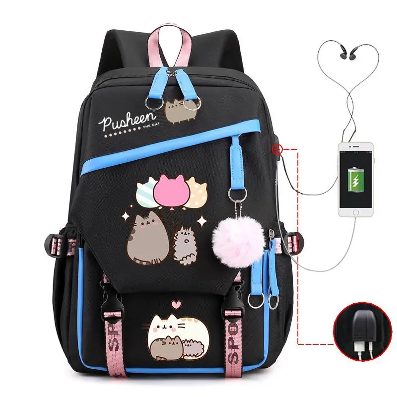 Black Blue Pink Pusheen Balloon Backpack, Multi Cats School Bookbag with USB Charging & Headphone Port, Pom Pom Charm Waterproof Oxford Daypack for Girls