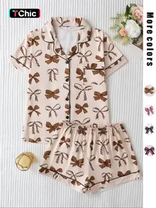 Women's Leopard Bow Print Sleepwear Set, Casual Fitted Short Sleeve Top & Loose Comfortable Shorts, Elegant Ladies' Nightwear