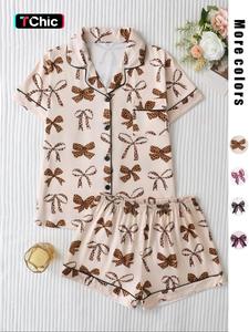 Women's Leopard Bow Print Sleepwear Set, Casual Fitted Short Sleeve Top & Loose Comfortable Shorts, Elegant Ladies' Nightwear