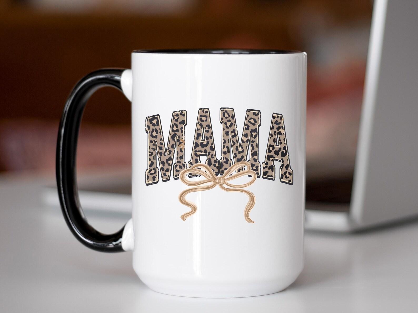 Leopard Mama Coffee Accent Mug with Coquette Bow, Animal Print Mom Gift