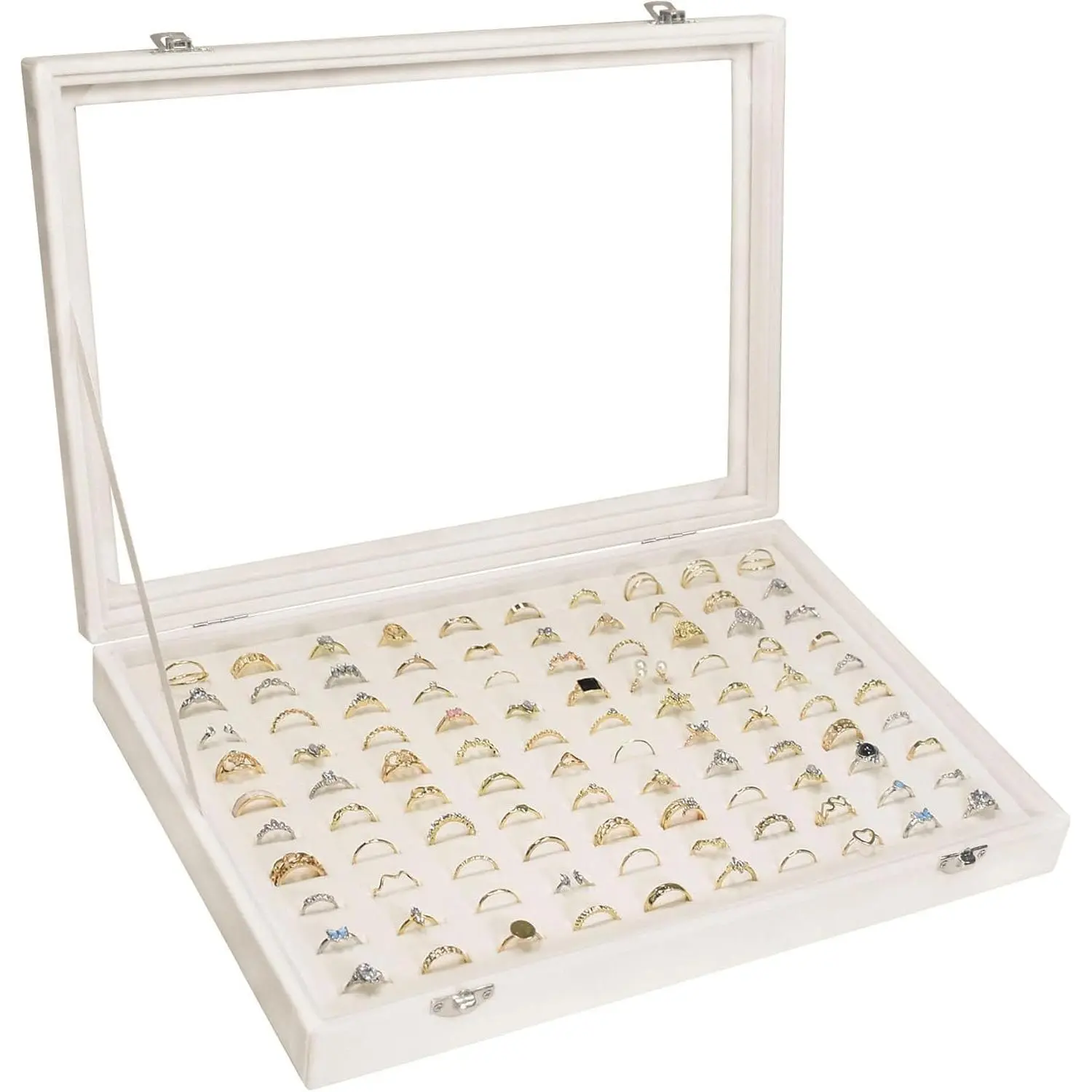 Ring Display Tray Organizer Box with Transparent Lid, 100 Slot Ring Holder Showcase For Store Display  Show Home, Ring Organizer For Rings Earrings (Beige)