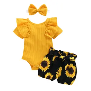 3PCS Baby Girl Clothes Set Short Sleeved Solid Color Ruffled Romper + Sunflower Print Shorts + Bow Headband Outfits