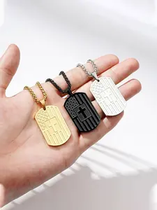 Men's Fashion Stainless Steel Cross Necklace—Stylish dog tag with inspirational Bible verse, patriotic flag design paired with Scripture, Cuban Link Chain, perfect gift for men, unique Christian gift, Easter giveaway jewelry.