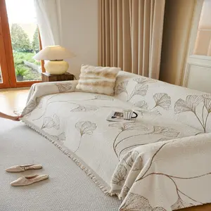 Ginkgo Leaf Print Sofa Throw Blanket, Fringe Trim, Soft Couch Protector, Protects Living Room and Office Sofas, Home Decor