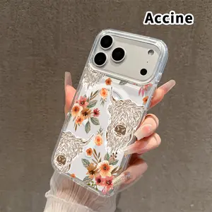 Magnetic Soft Case for iPhone 16  Pro Max Plus 15 14 13 12 11 E Bison Floral Harmony Pattern Anti-Yellowing Shockproof ultra-thin Silicone Crystal Transparent Acrylic Large Hole Cover Supports Wireless Charging