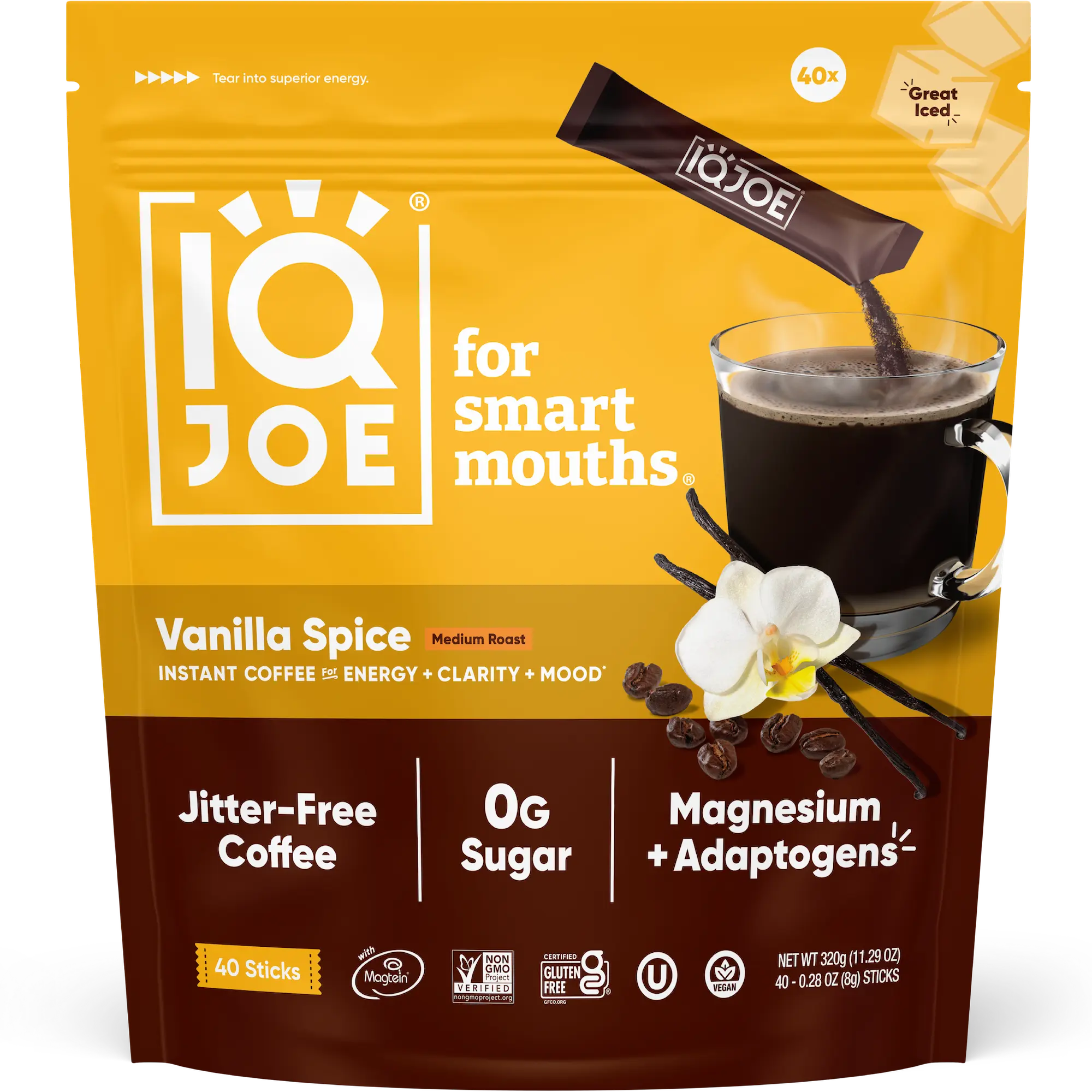 IQJOE Vanilla Spice (40 Sticks) -  Instant Mushroom Coffee Packets with Lion’s Mane - Sugar Free, Keto, Vegan Clarity and Mood Enhancing Coffee