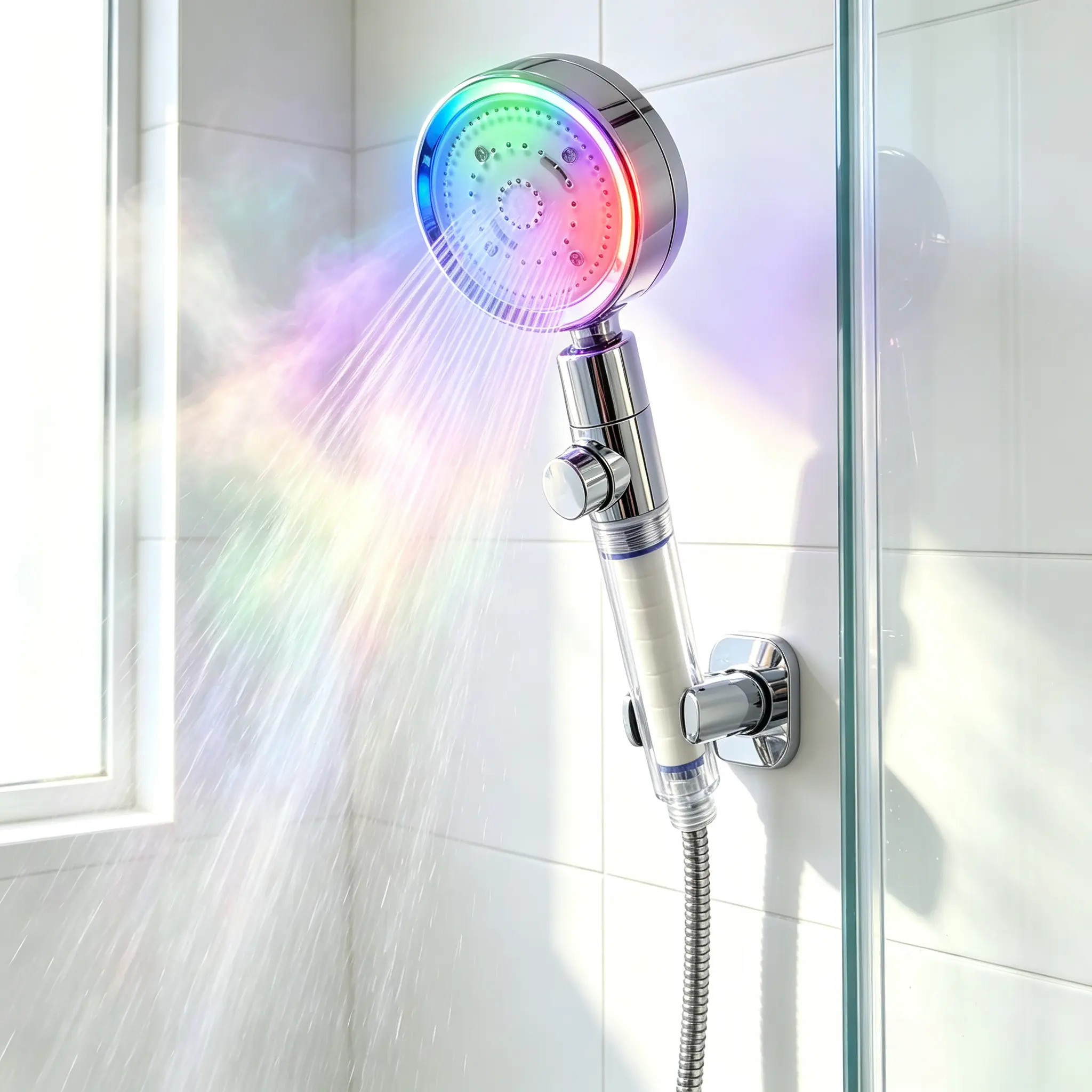LED Light Handheld Shower Head, High Pressure Slim Body Showerhead with On Off Switch, Adjustable Spray Modes, Built-in Filter Cartridge Water Purifying Shower Nozzle