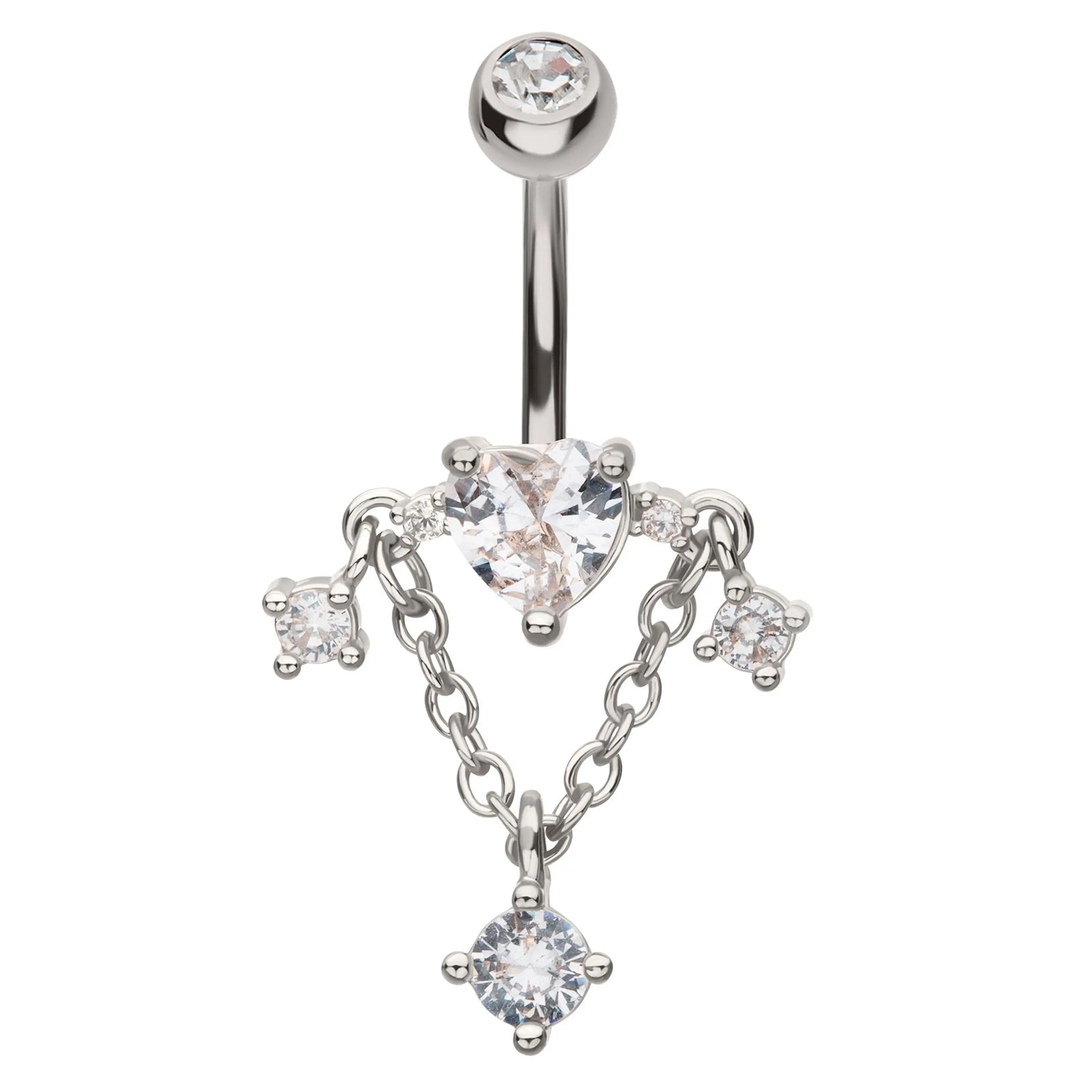 Heart Triple Clear CZ Dangle Chain Stainless Steel Belly Button Ring