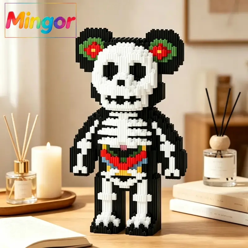 12.6" Day of the Dead Skeleton Bear Micro Bricks, BPA-Free Sugar Skulls DIY Learning Collectibles, 12.68" x 7.23" x 3.90" House Decoration, Unforgettable Gift for Ages 12+