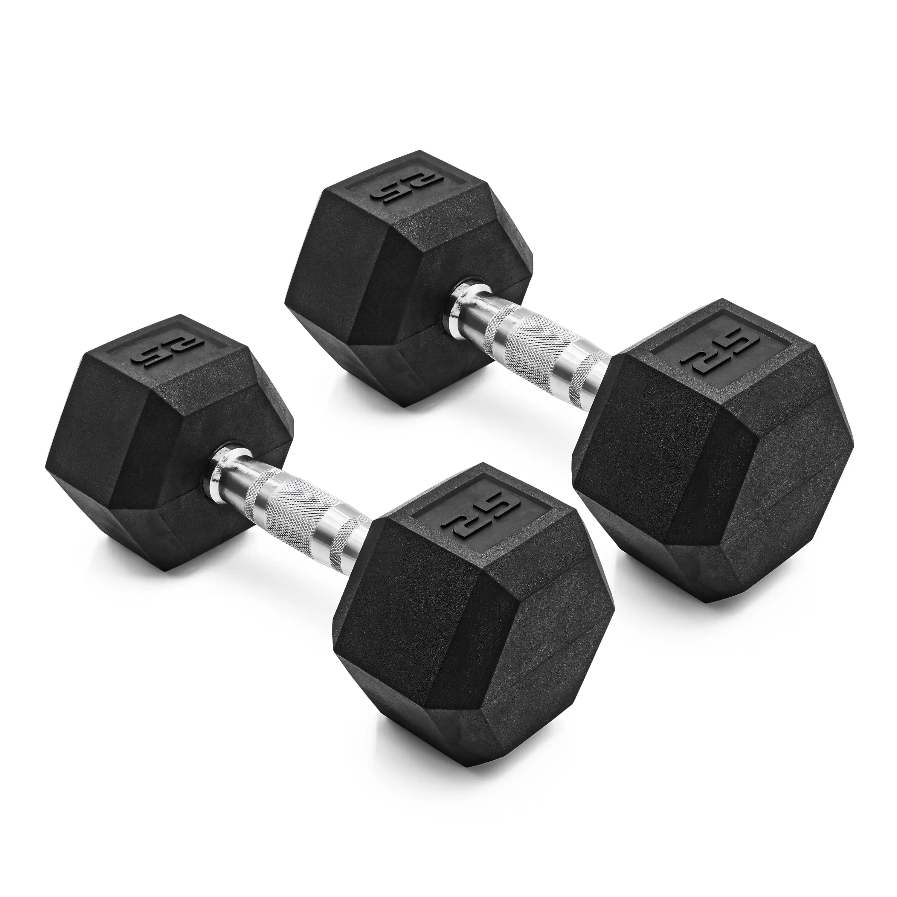 Barbell, 25lb Coated Rubber Hex Dumbbell, Pair (No-Roll Design, Ergonomic Steel Handle, Durable Coated Weight)