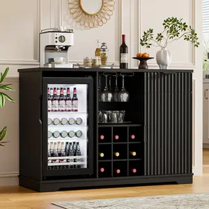 BROTTAR Fluted Wine Bar Cabinet with Fridge (Fridge Included), 47" Coffee Bar Cabinet with Wine Rack and Glass Holder, Liquor Cabinets with Drawer & Storage, Home Bar for Dining Room Kitchen, Black