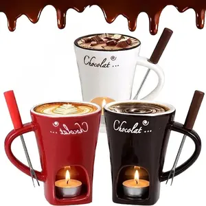 Romantic Personal Chocolate Fondue Set for Two -Personal Chocolate & Cheese Melting Pot - Porcelain Butter Warmer with Dipping Fork, Mini Ceramic Melting Cup - Perfect Dessert Maker for Date Night, Party, Valentine’s Day Gift - Microwave Safe & Easy Clean