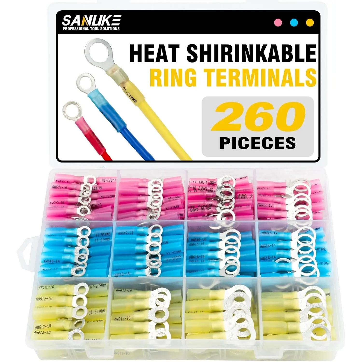 260pcs Heat Shrink Wire Connectors, 3 Colors/4 Sizes Ring Terminals, Electrical Cable Connectors 12-10 16-14 22-16 AWG, #10, 1/4", 5/16", 3/8" Stud Sizes, Tinned Copper Insulated Crimp Terminals