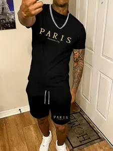 Men's 2-Piece Set Round Neck Short Sleeve Top and Drawstring Shorts, Letter Print Casual Comfort, Ideal for Daily Wear, Sports, Street Style