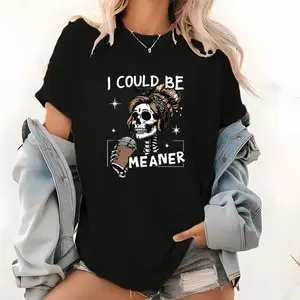 Men's Seamless Smooth Cotton Round Neck Fitted Shortsleeve T-Shirt - Skeleton Graphics, "I Could Be Meaner" Funny Meme Top, Sarcastic Casual Menswear, Coffee-Themed Gift (Fabric: Seamless Cotton)