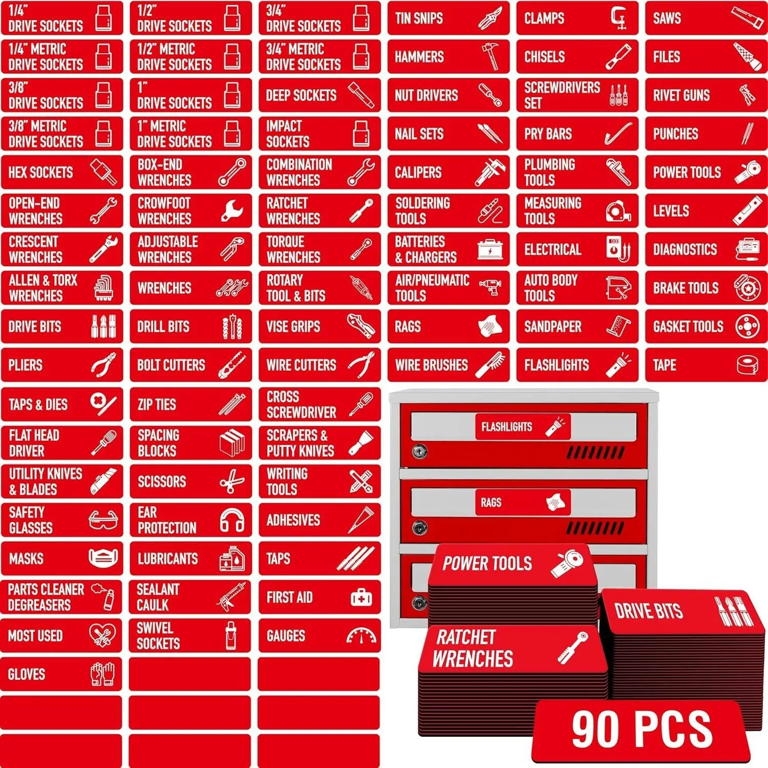 90 PCS Magnetic Toolbox Labels, 82 Pre-Printed & 8 Blanks Large Size Tool Chest Organizer Labels Strong Magnetic & Easy to Read Printing Fits All Brands of Steel Tool Box Drawers ( 3.5” x 1”)