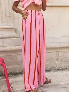 Women's pink striped wide-leg Casual High Waisted pants, casual and versatile trousers, comfortable bottoms for summer beach vacations, bohemian style, summer beach shorts.