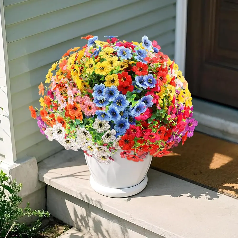 Realistic UV-Resistant Artificial Daisy Flowers (8 Bundles, 4 Mixed Colors) - Outdoor/Indoor Home Decor for Planters, Front Door, Porch