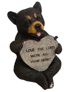 Decorative Sitting Black Bear Holding Faux Wood Heart Sign Statue for Rustic Spiritual Décor or Christian & Religious Decorations As Teddy Bear Valentine's Day Gifts for Women