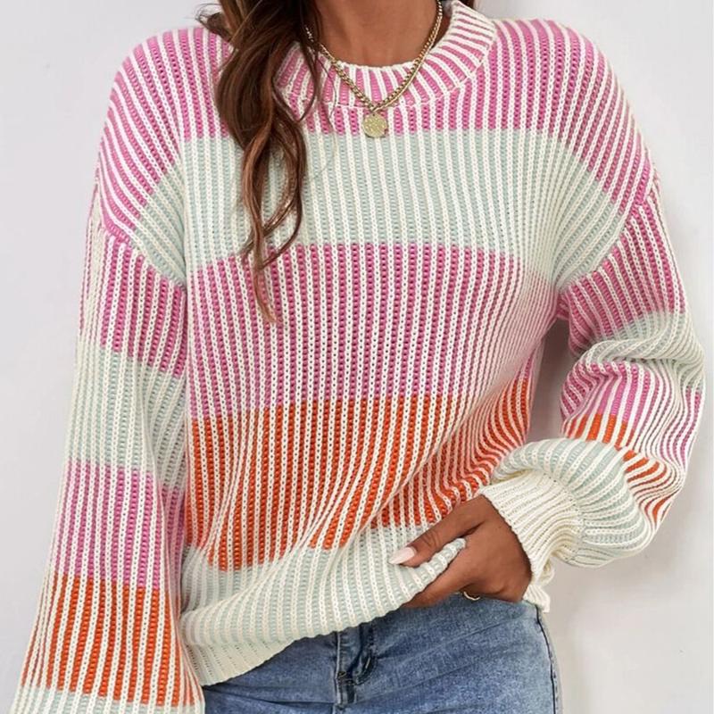 Women's Sweet Candy Pink Colorblock Textured Knit Bubble Sleeve Sweater