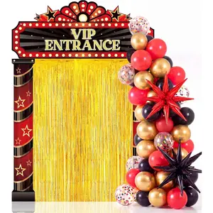 122 count Movie Night Party Decorations VIP Entrance Backdrop Banner Set Red & Black Foil Fringe Curtain Balloon Arch Kit Movie Themed Supplies for Birthday Film Premiere