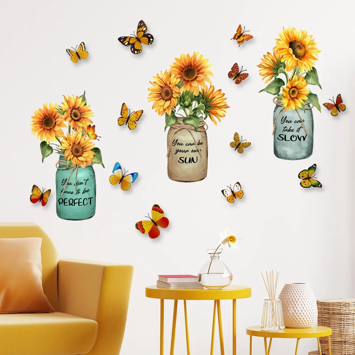 3D Sunflower & Butterfly Pattern Wall Sticker, Floral Pattern Sticker, Flower Wall Decals, 1 Set Self Adhesive Wall Decal, Wall Art Stickers, DIY Decorative Wall Art Crafts for Home Living Room Bedroom Dining Room, Decoration