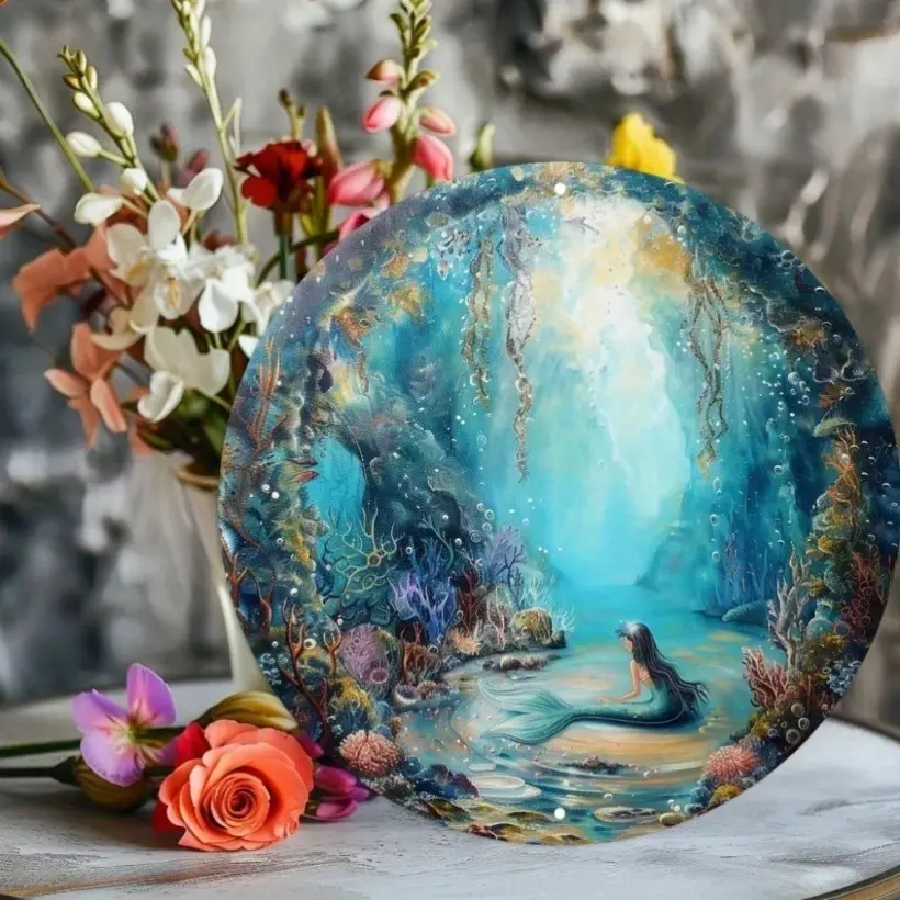 Vibrant Aluminum Mermaid Paradise Diorama with Coral Reefs and Seawater Scene for Office Dining Bar Decor