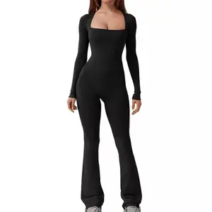 activewear Women's Sports Ribbed Long Sleeve Jumpsuit Women's Yoga Jumpsuit Tummy Control Waist Cincher Hip Lift Square Neck Wide Leg High Elastic Jumpsuit