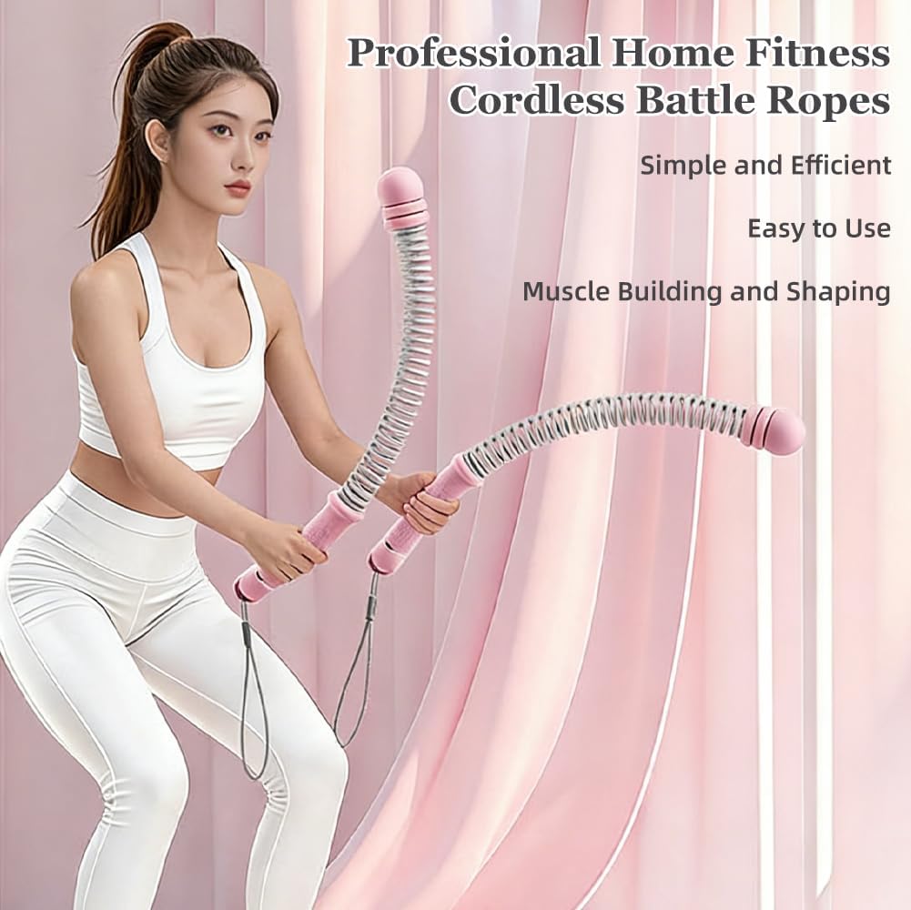 Portable Ropeless Battle Ropes, Adjustable Weights Cordless Battle Ropes for Home Gym with Storage Bag, Weighted Exercise Equipment for Low-Impact Workout, Strength & HIIT, for Men & Women (Pink)