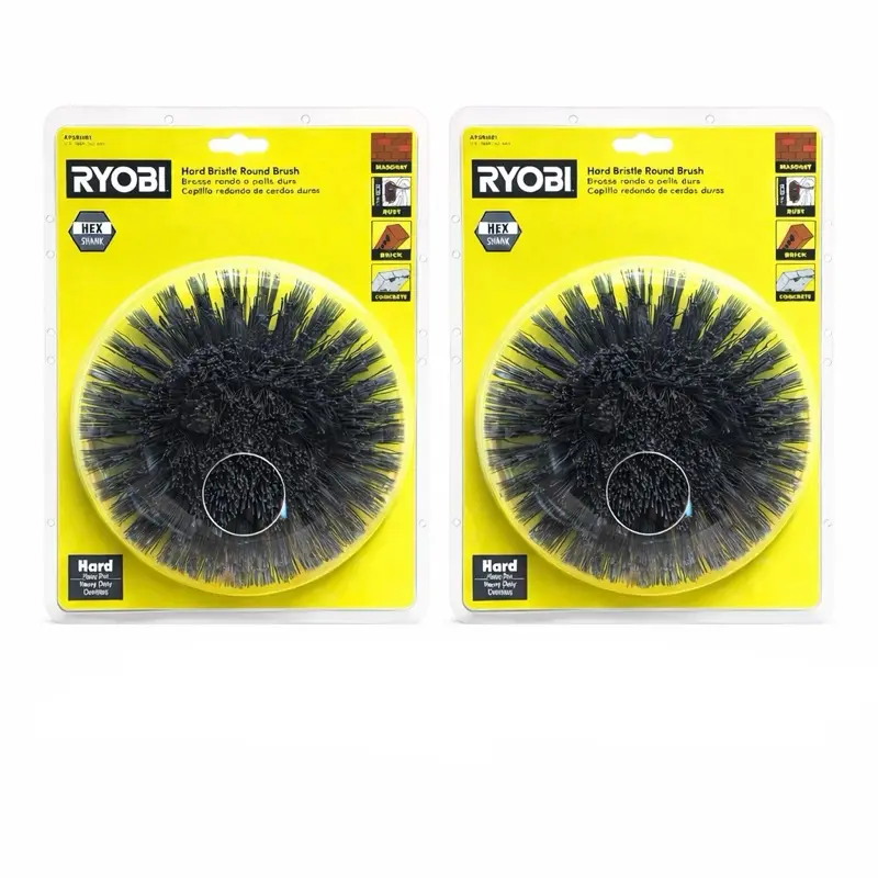 RYOBI Hard Bristle Round Brush with Hex Shank for Masonry Rust Brick Concrete Heavy Duty Cleaning Superior Performance Durable Nylon Soap Scrubber Kit Accessory