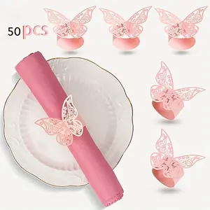 50pcs Butterfly Shaped Napkin Rings - Elegant Pink PET Paper with Polished Metal Finish, Reusable Decorative Holders for Weddings, Christmas, Dinner Parties & Family Gatherings, Butterfly Motif Tableware Accessories, Butterfly Decorations