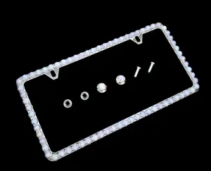 Dazzling Addiction 3D Bling License Plate Frame Big Chunky White AB Pearls Made in USA Handmade 1 Row Holder Screw Caps Personalizable Customizable Customized Bedazzled Sparkly Shimmering Gift for Girls Women 2 Holes Crystals Diamond Iridescent