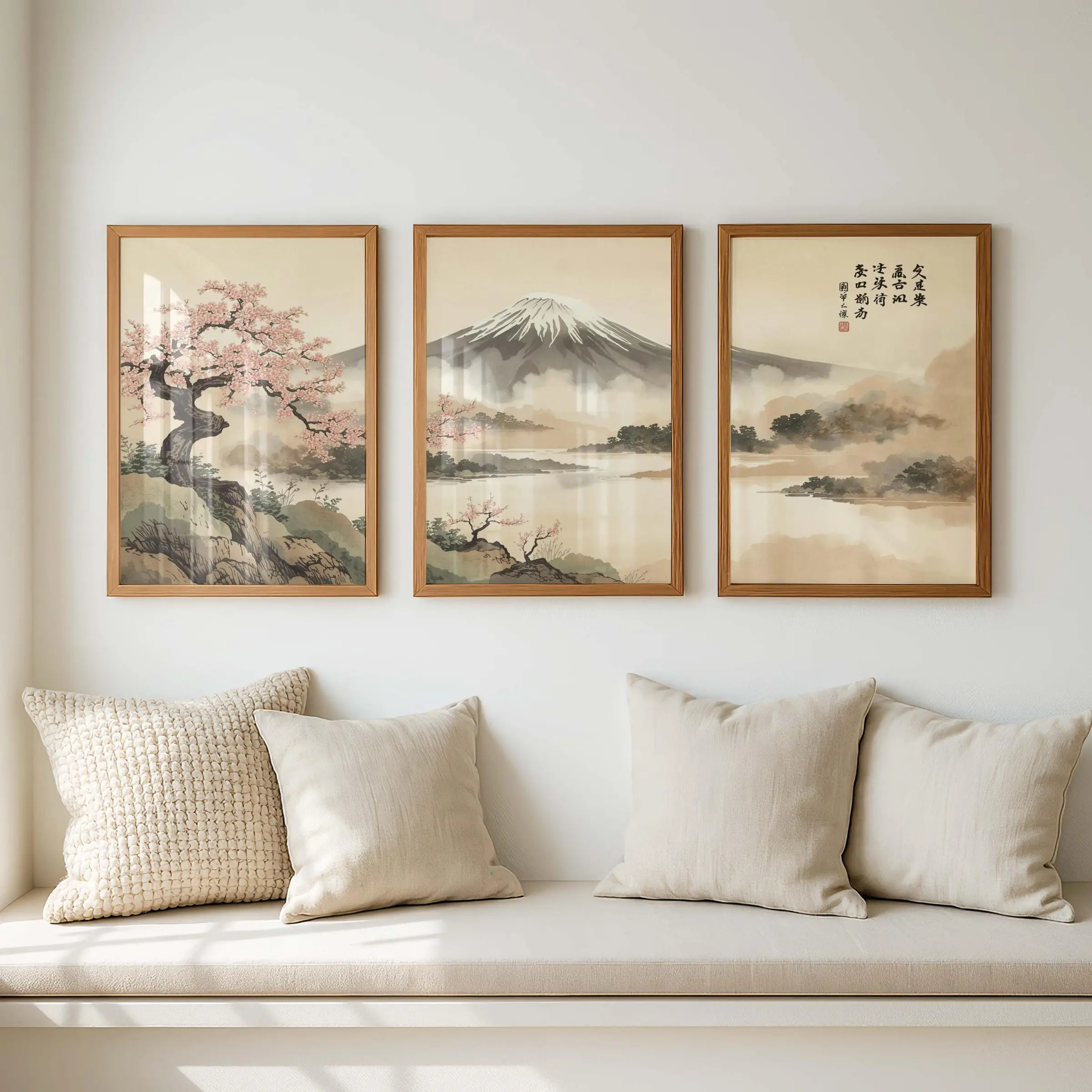 3-Piece Set Japanese Fuji Mountain Triptych Wall Art Prints, Cherry Blossom Landscape Watercolor Paintings, Zen Asian Home Decor, Wall Picture Decor, Minimalist Prints, Decorative Artwork, Decoration Items
