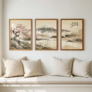 3-Piece Set Japanese Fuji Mountain Triptych Wall Art Prints, Cherry Blossom Landscape Watercolor Paintings, Zen Asian Home Decor, Minimalist Prints