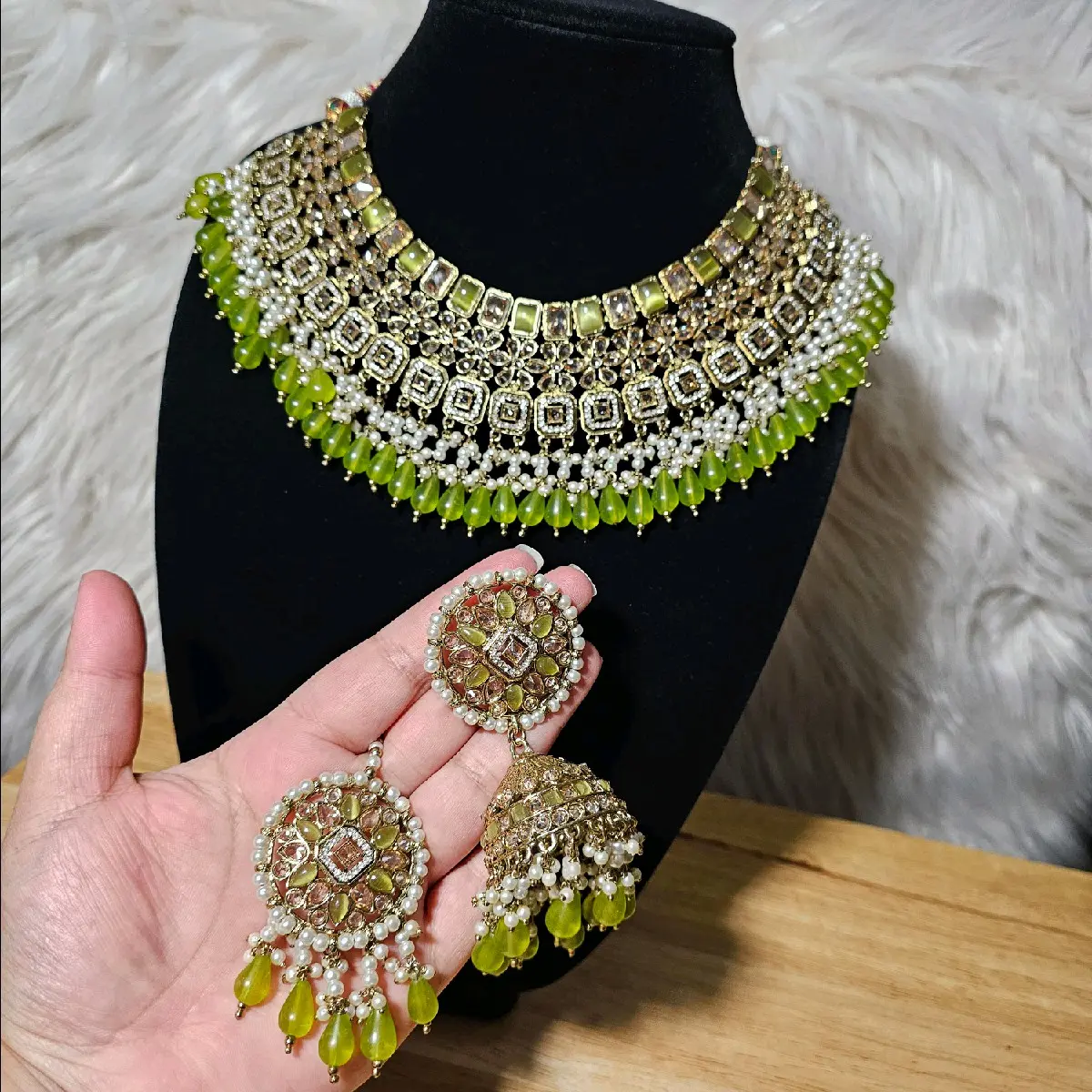 Traditional Indian Pakistani semi bridal necklace jhumki tikka set