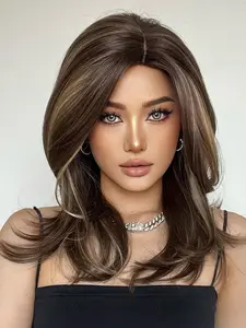 22 Inch Long Layered Cut Wigs for Women, Gorgeous Fluffy Wigs with Blunt Bangs, Synthetic Full Machine Wigs for Party, Daily Use