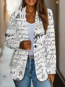 Women's Fashion Handwritten Text Printed Woven Fitted Blazer Jacket, Long Sleeves, Unique Design, Chic, Casual Versatile Commuter Style Top for Daily & Parties Womenswear
