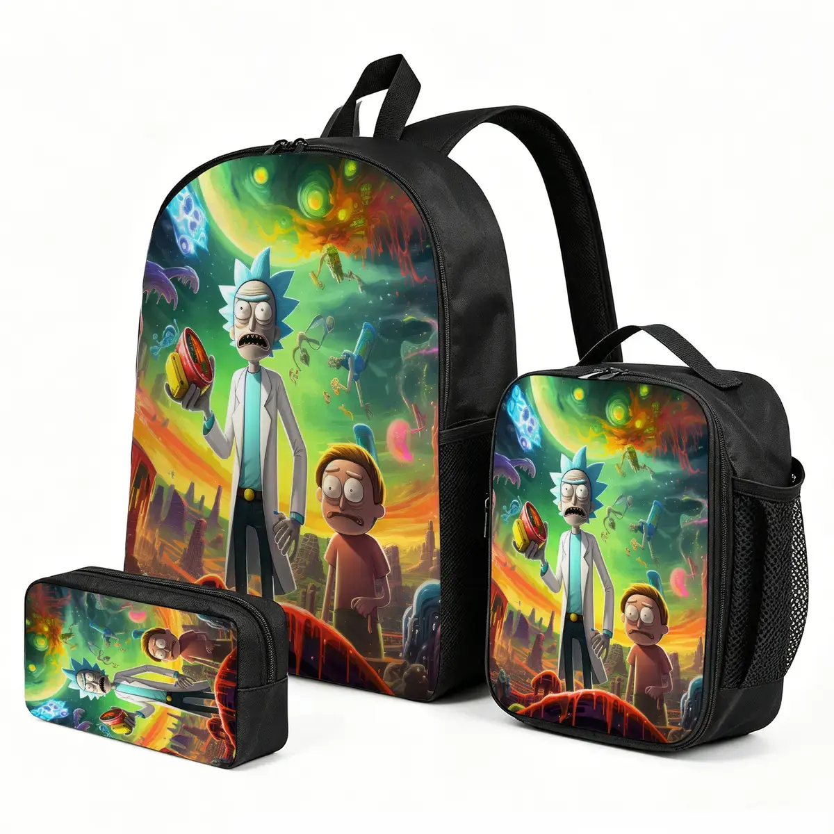 Rick-and-Morty Trending Cartoon Print 3-Piece Backpack Combo Set, Elementary School Back to School Haul, Cute Kids Bookbag with Lunch Box & Pen Pouch for Family Weekend Gifting (1 Size Fit), One Size