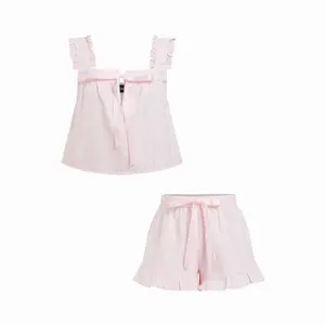 Cider Textured Ruffle Sleeve Stripe Bowknot Top & Mid Rise Micro Shorts Set SwimWeek